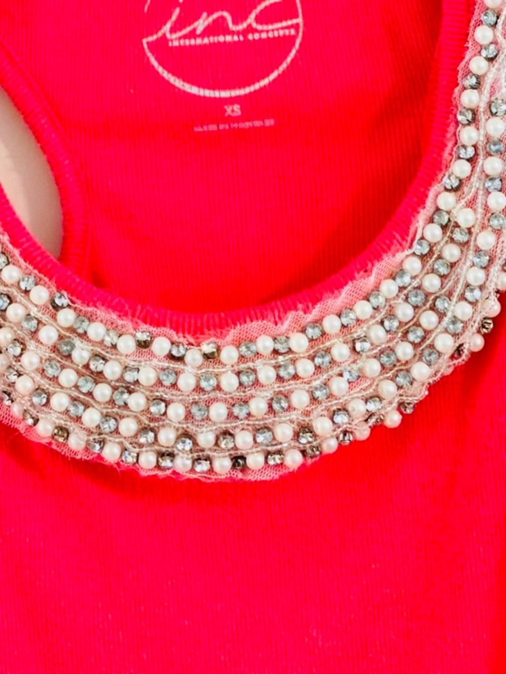 INC Coral Ribbed Tank With Pearls Embellished Neckline Size XS - Picture 3 of 10